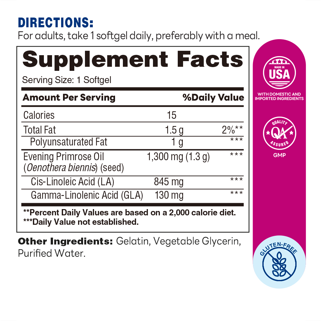 Evening Primrose Oil 1300mg 90ct Softgels – Supplement Facts
