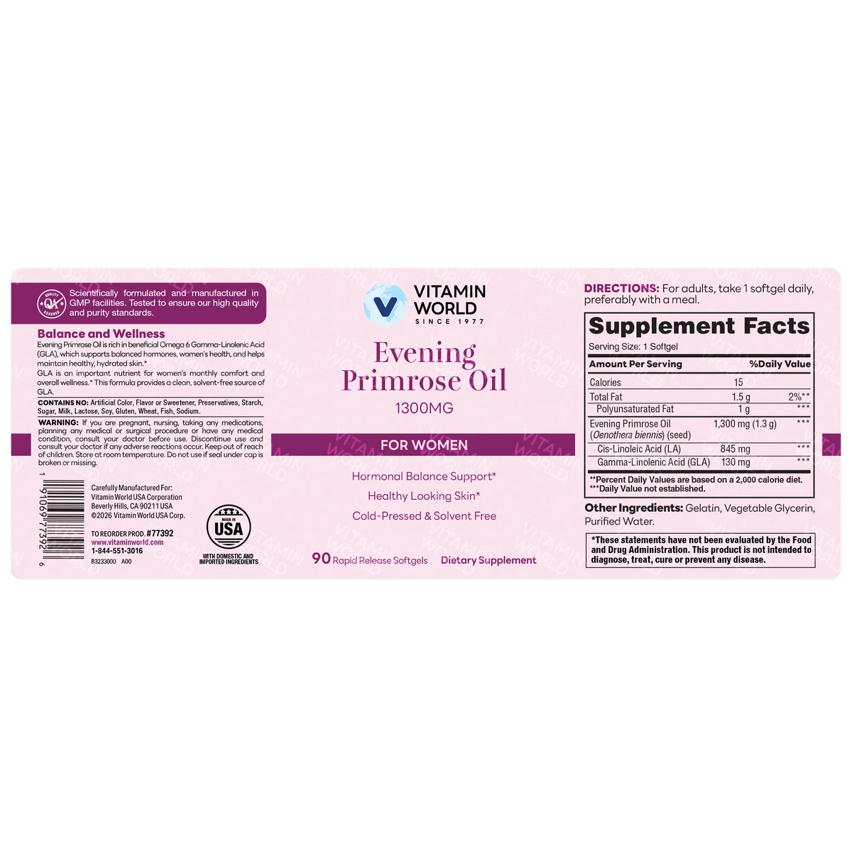 Evening Primrose Oil 1300mg 90ct Softgels – view 6