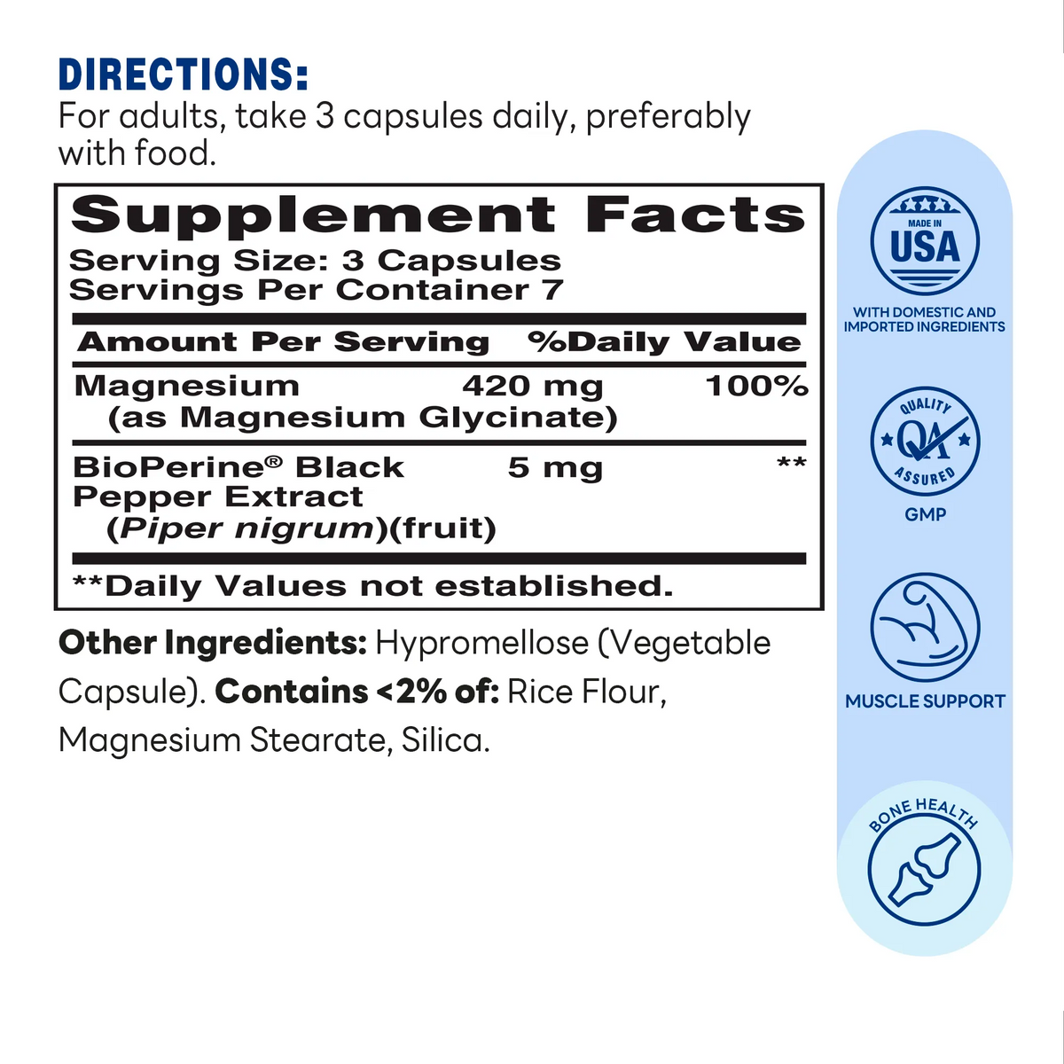 Magnesium Glycinate 420mg Capsules 21ct – Supplement Facts