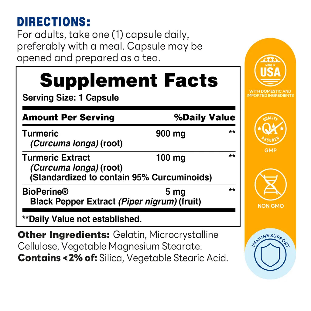 Turmeric Curcumin 1000mg with Bioperine 60ct Capsules – Supplement Facts