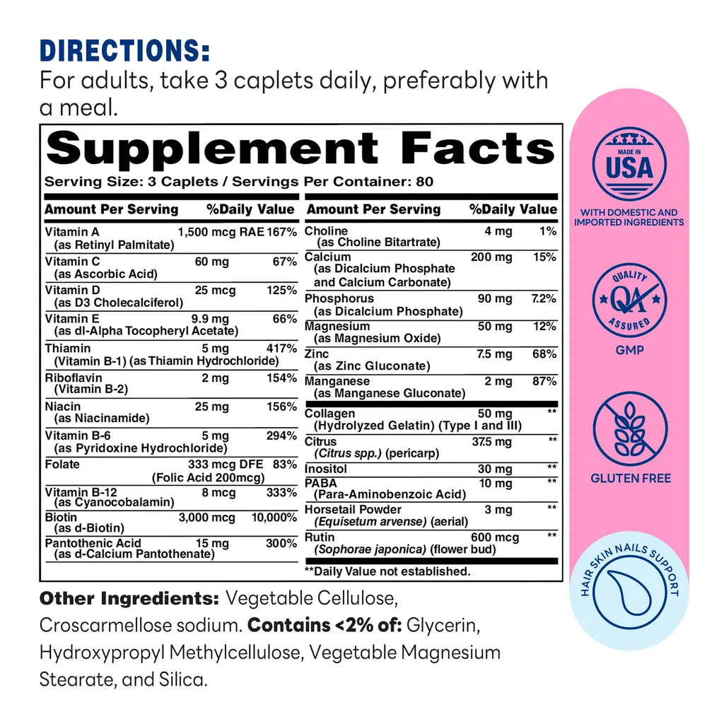 Hair, Skin & Nails Type I & III Collagen 240ct Caplets – Supplement Facts