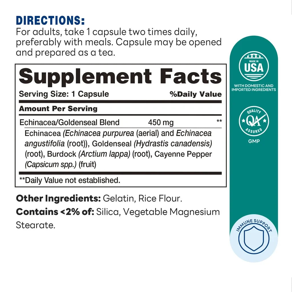 Echinacea & Goldenseal Complex 100ct Capsules – Supplement Facts