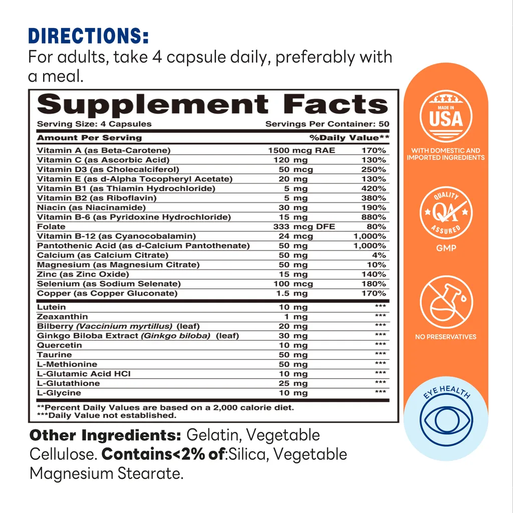 Advanced Vision Formula with Lutein 200ct Capsules – Supplement Facts