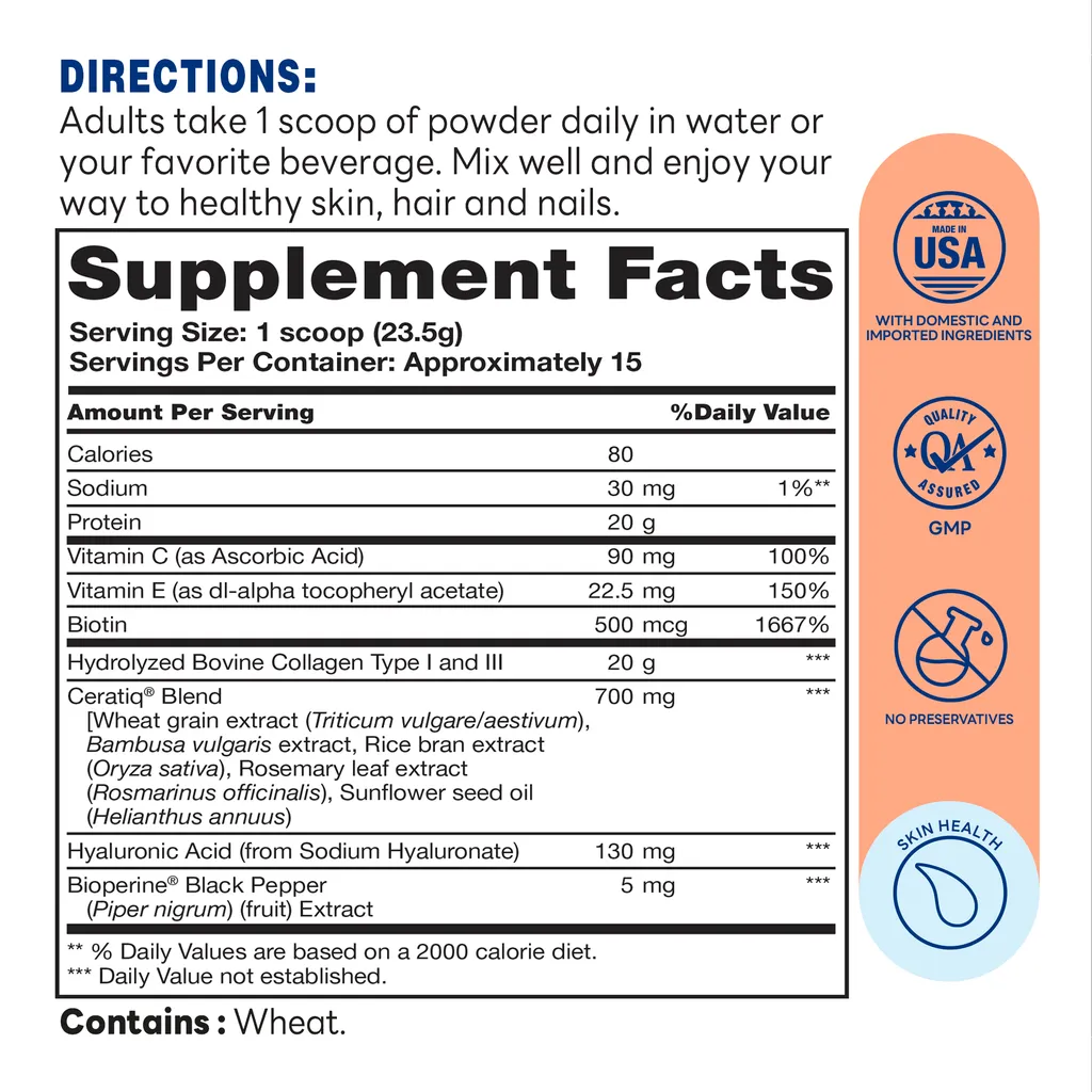 Collagen Peptides with Hyaluronic Acid & Ceramides with Ceratiq®) 354g Powder – Supplement Facts