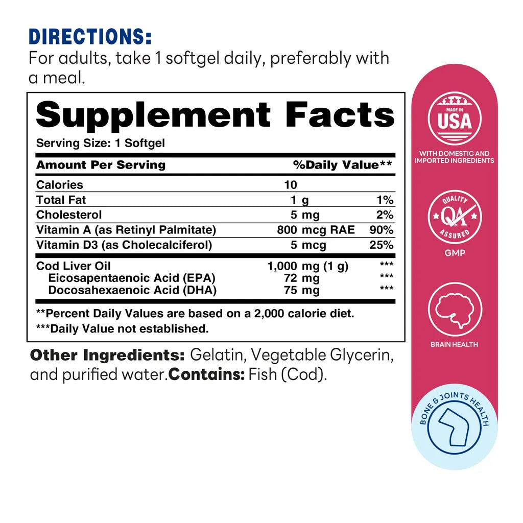 Cod Liver Oil 1000mg 120ct Softgels – Supplement Facts