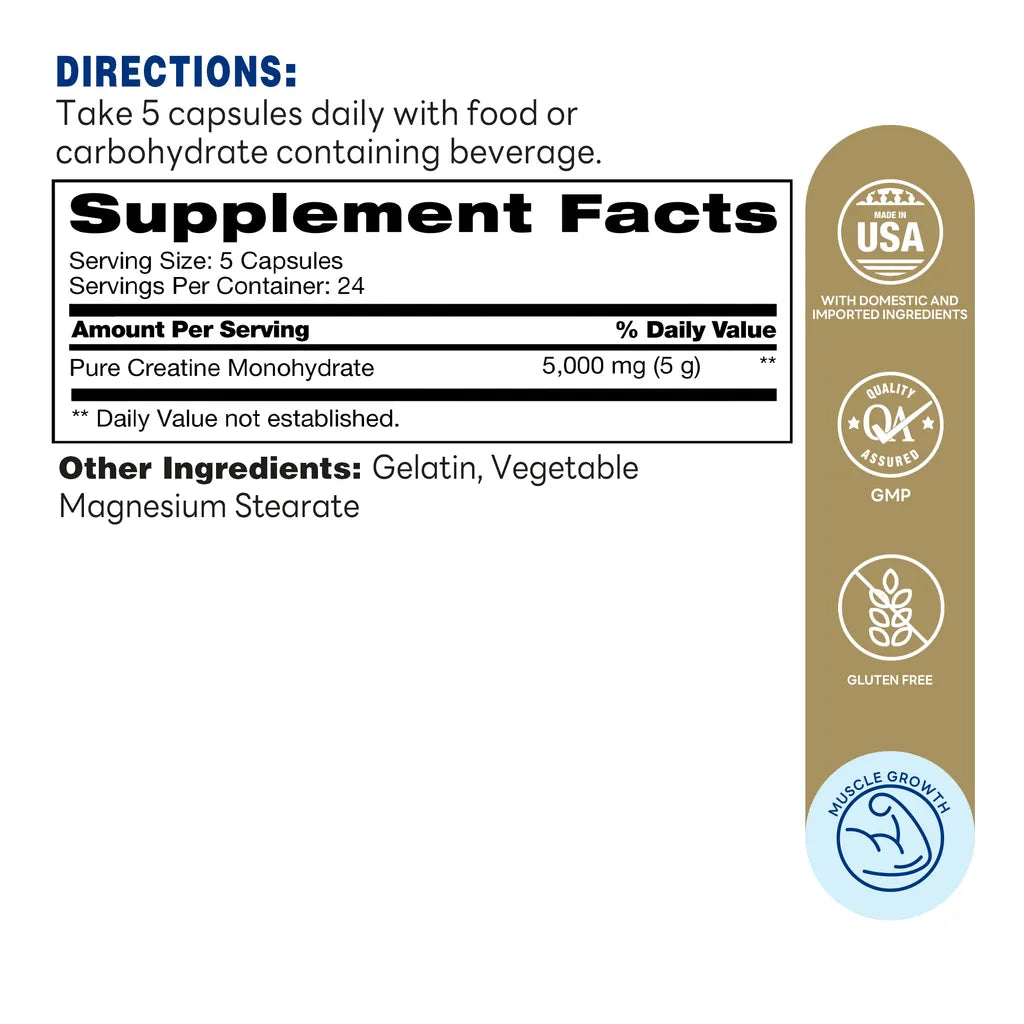Full Strength Creatine Caps  5000mg 120ct Capsules – Supplement Facts
