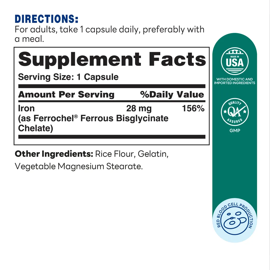 Easy Iron 28mg 90ct Capsules – Supplement Facts