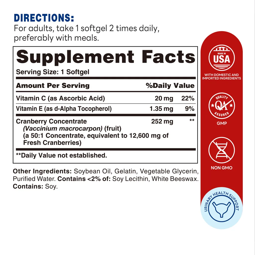 Cranberry Concentrate 252mg 200ct Softgels – Supplement Facts