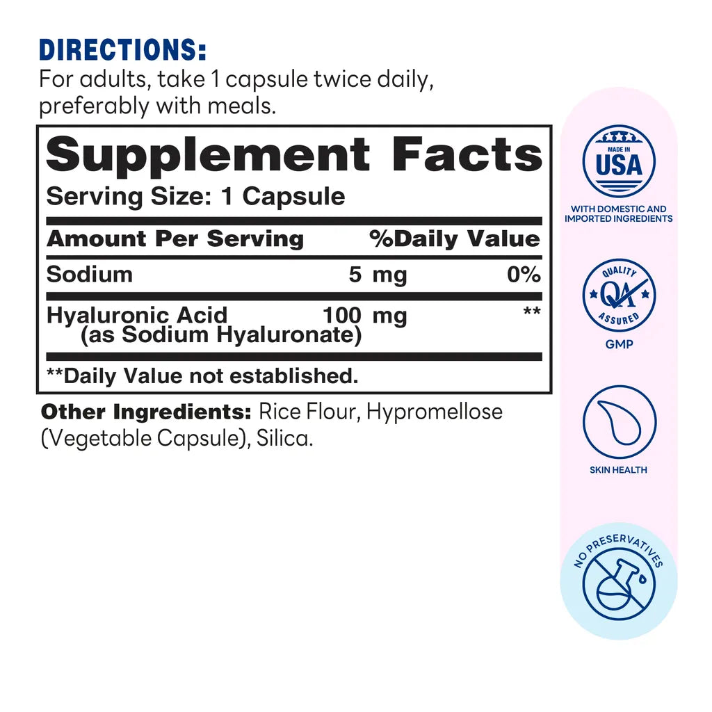 Hyaluronic Acid 100mg 30ct Capsules – Supplement Facts
