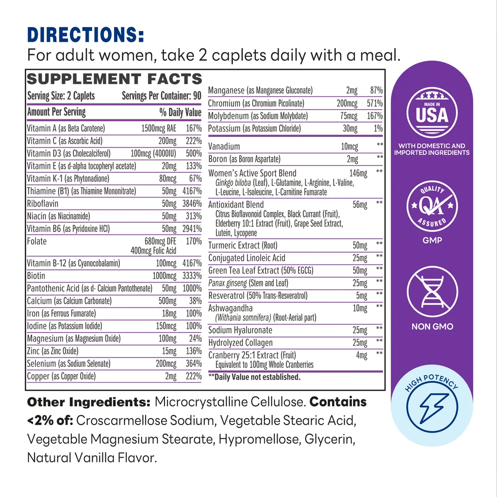 Ultra 360 Women's Multi  Active 180ct Caplets – Supplement Facts