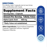 Alpha Lipoic Acid 600mg 60ct Capsules – Supplement Facts