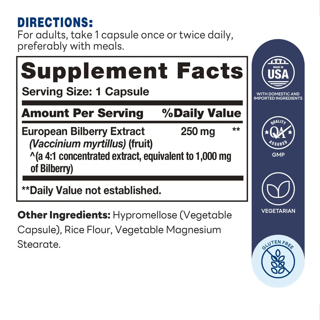 Bilberry Fruit 1000mg 90ct Capsules – Supplement Facts