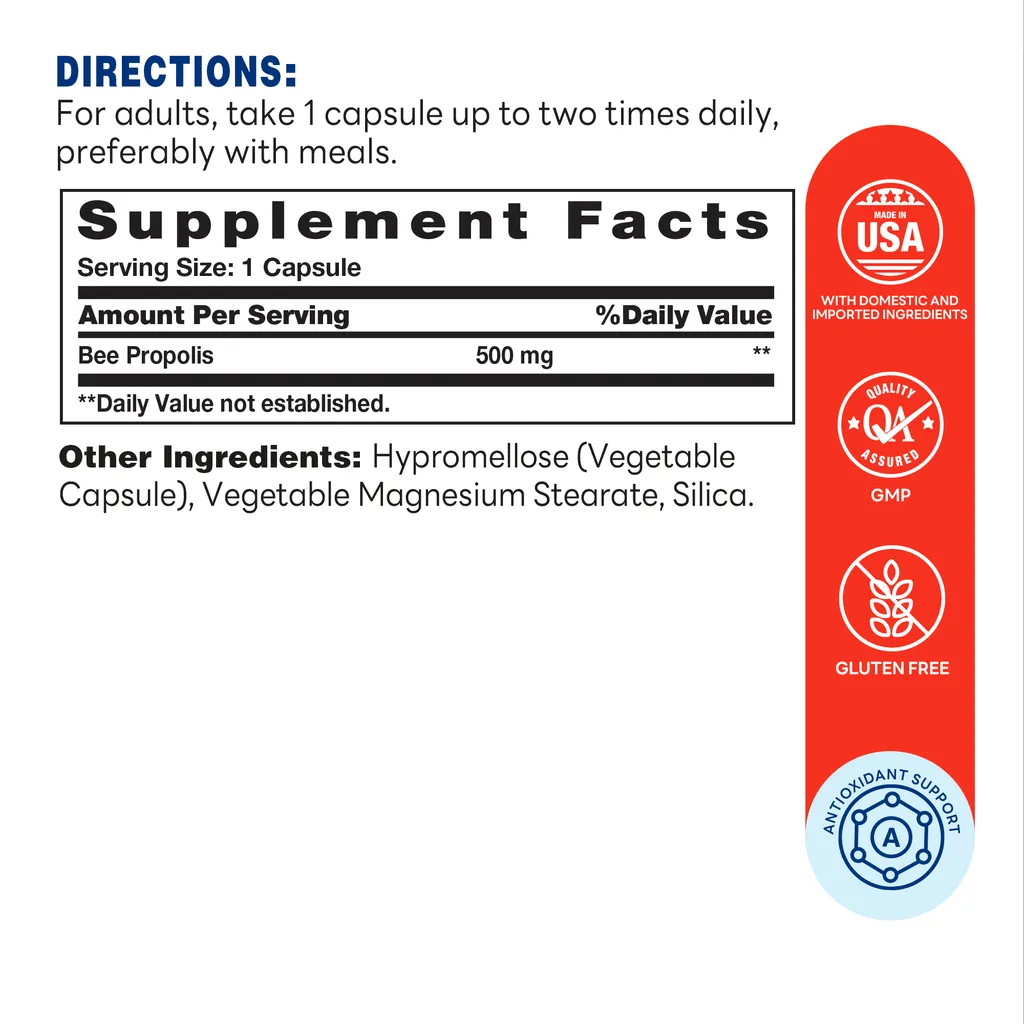 Bee Propolis 500mg 200ct Capsules – Supplement Facts