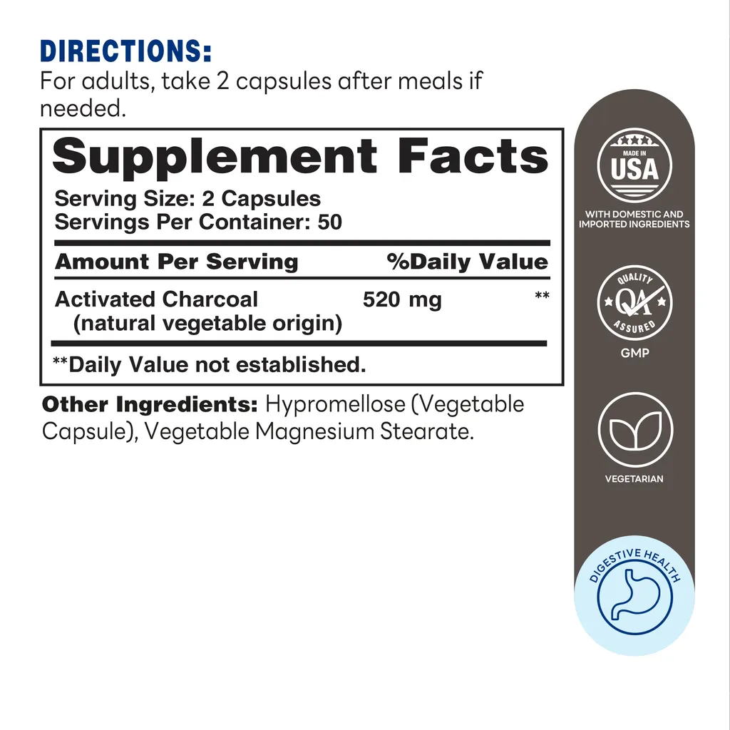 Charcoal Capsules 260mg 100ct Capsules – Supplement Facts
