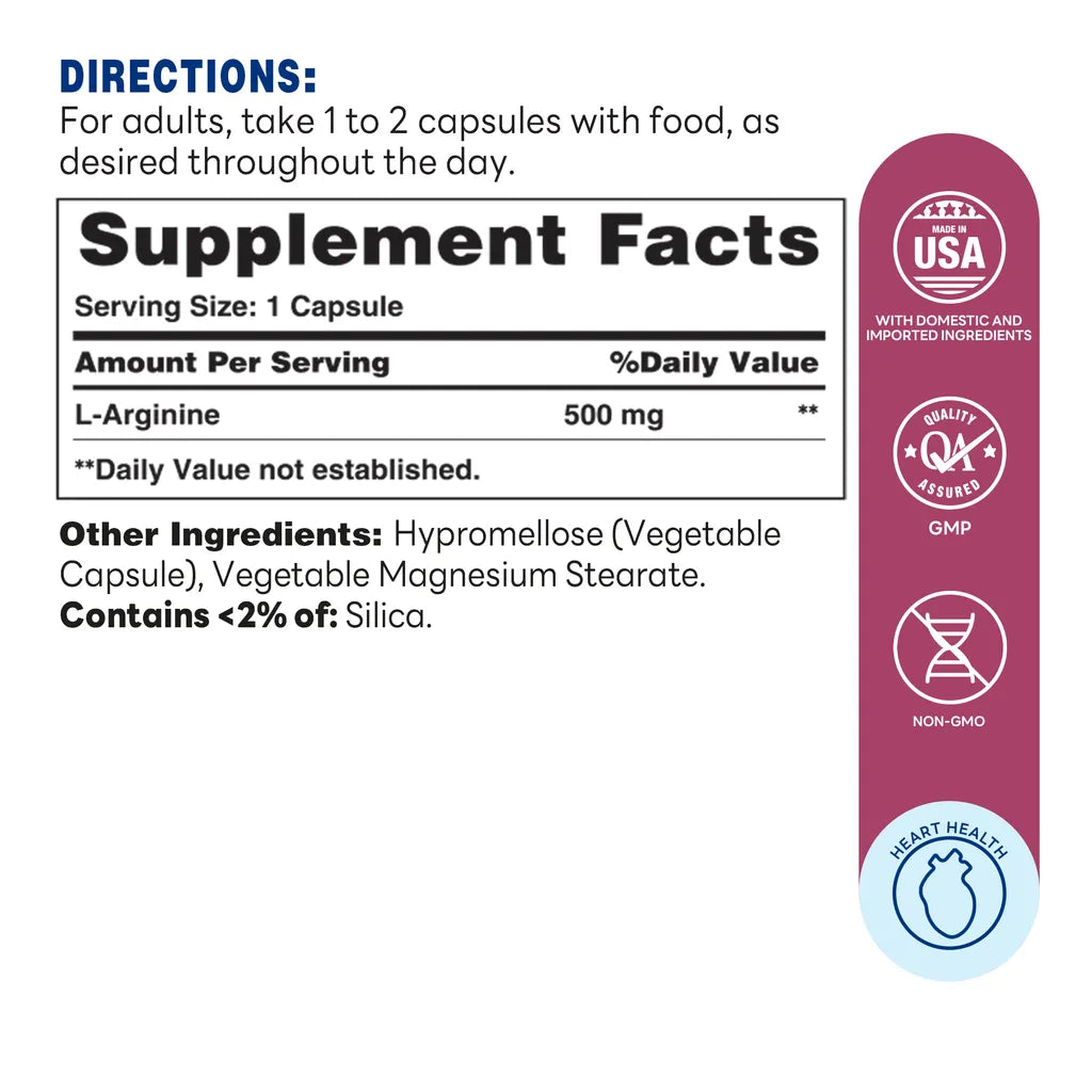 L-Arginine 100ct Capsules – Supplement Facts