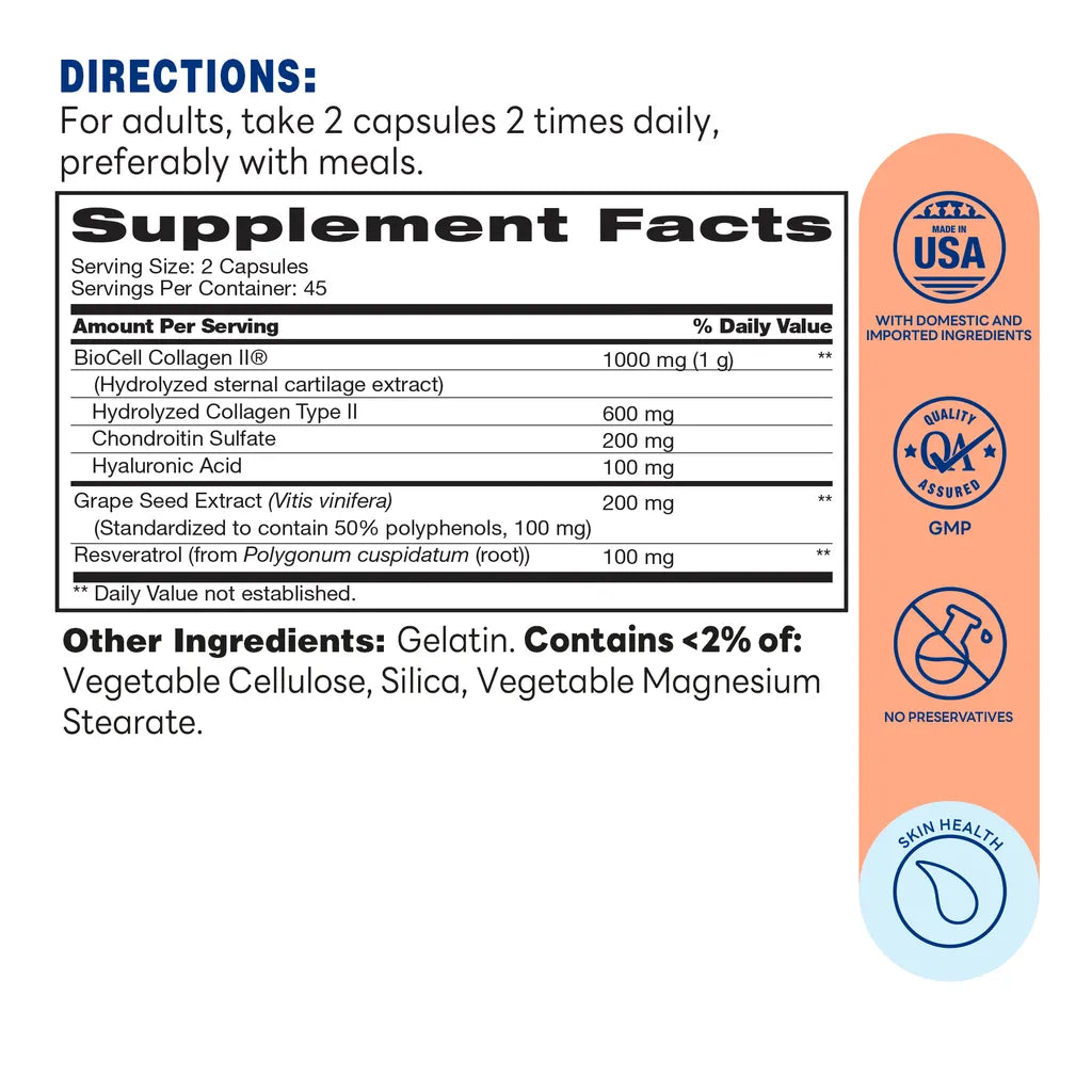 Biocell Collagen® Peptides with Resveratrol 90ct Capsules – Supplement Facts