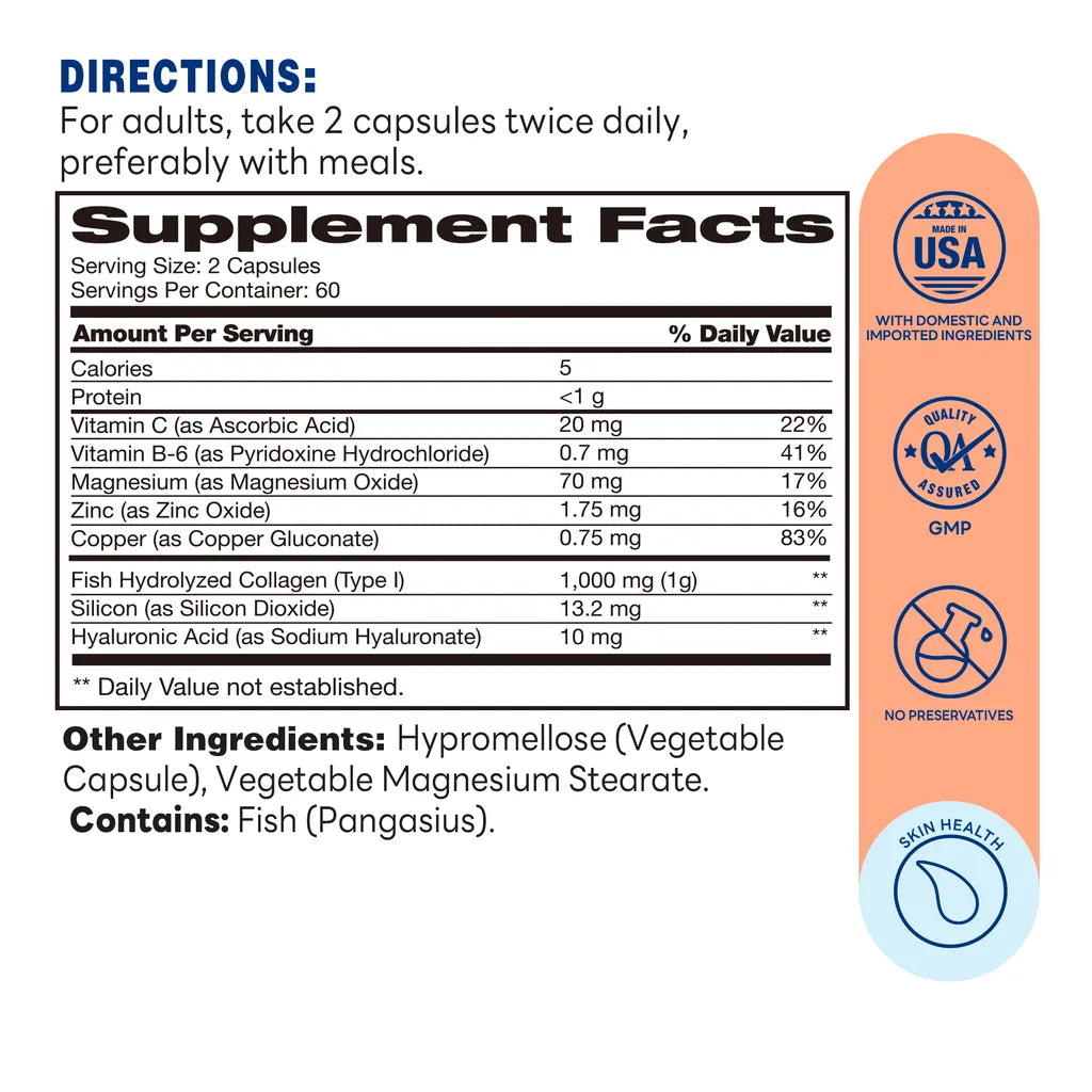 Hydrolyzed Marine Collagen Peptides with Hyaluronic Acid 120ct Capsules – Supplement Facts