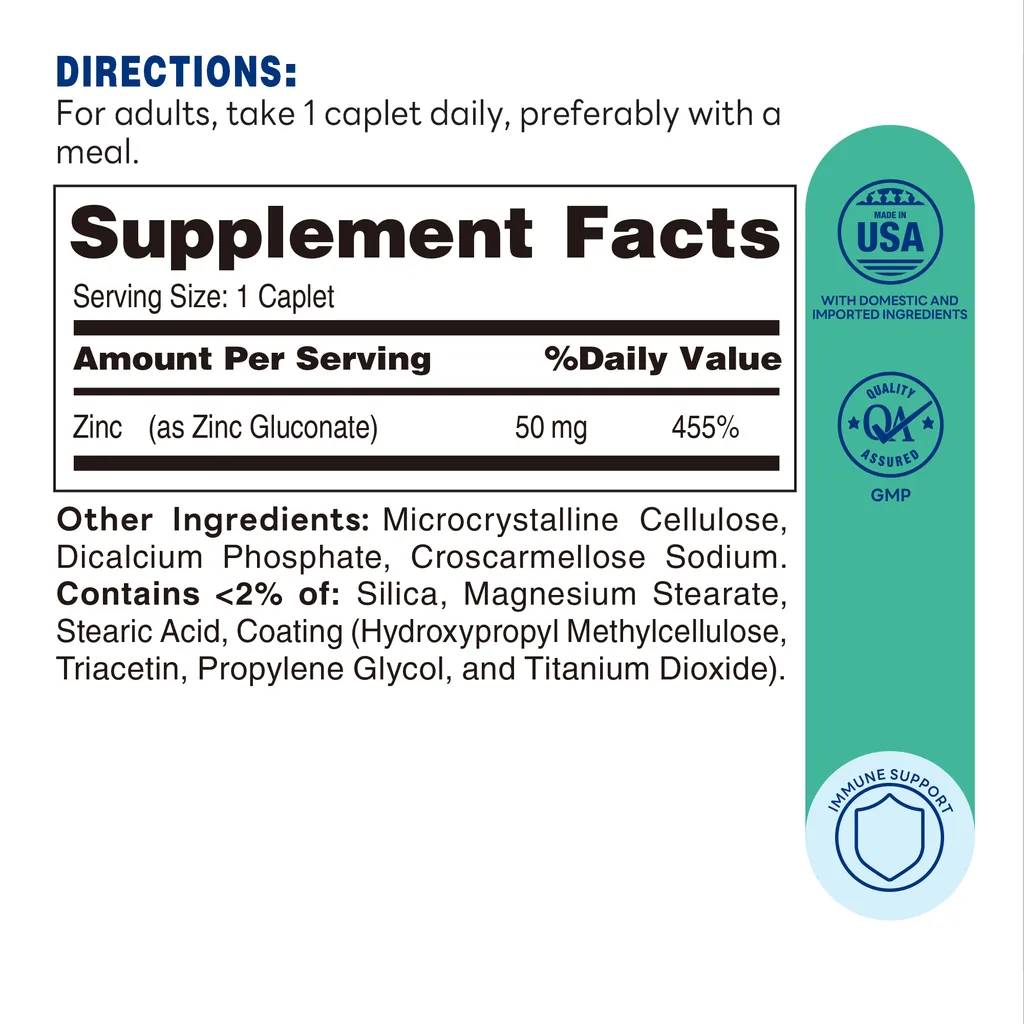 Chelated Zinc 50mg 100ct Caplets – Supplement Facts