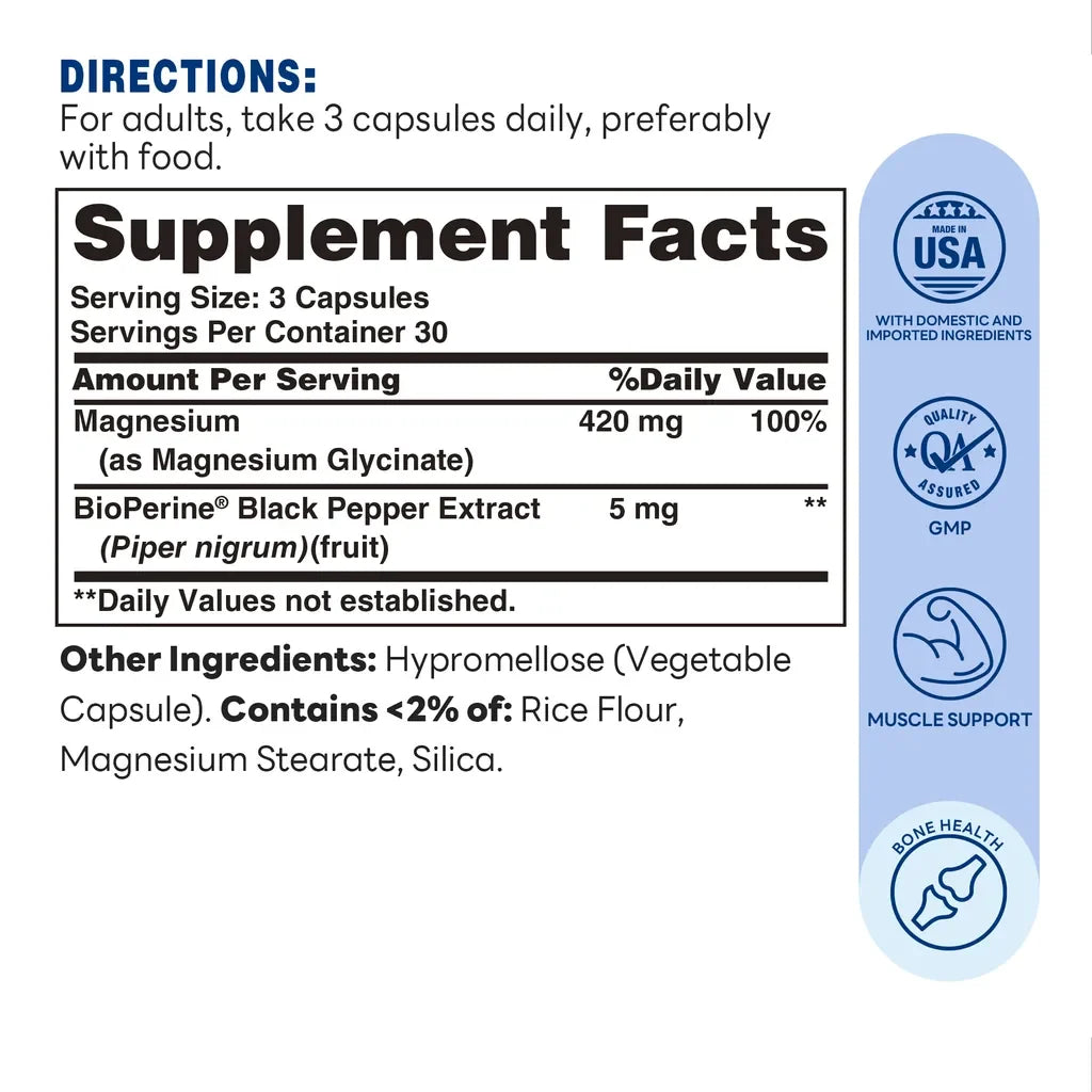 Magnesium Glycinate 90ct Capsules – Supplement Facts