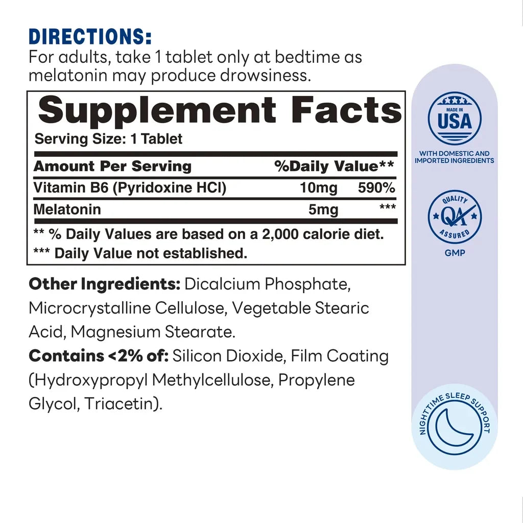 Melatonin 5mg Time Release 300ct Tablets – Supplement Facts