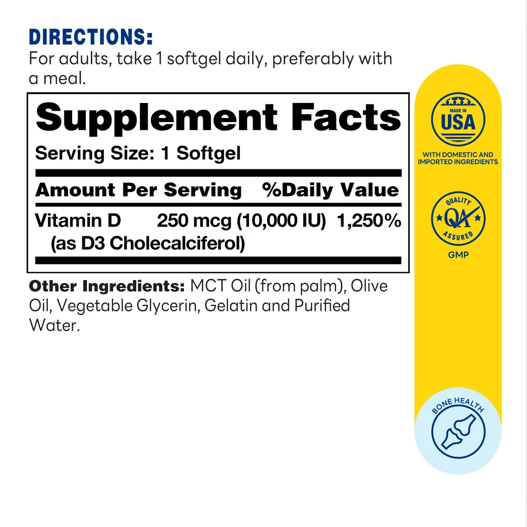 D3 250mcg (10,000 IU) 100ct Softgels – Supplement Facts