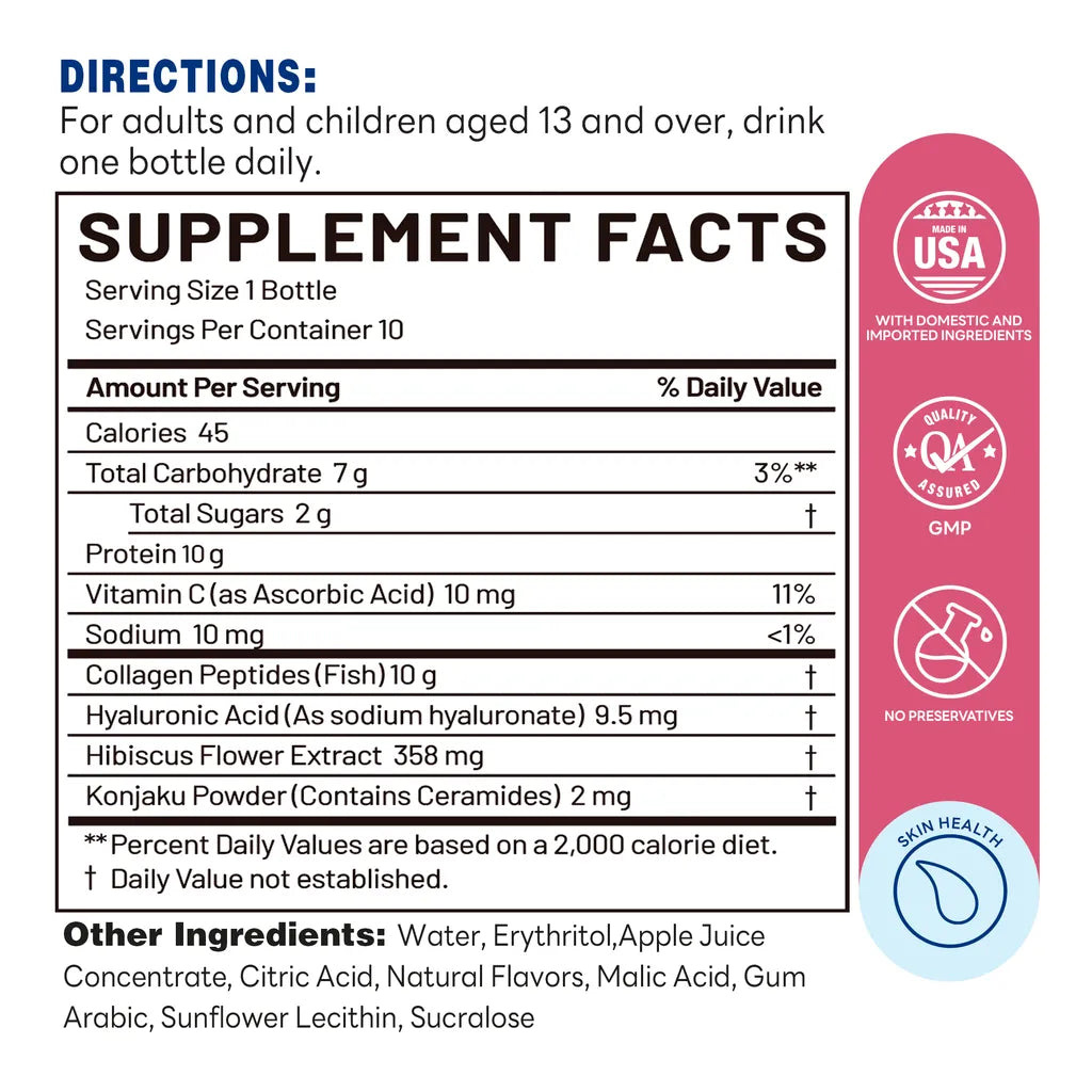 Liquid Collagen 10,000mg Fish Collagen Peptides 10x60ml Liquid – Supplement Facts