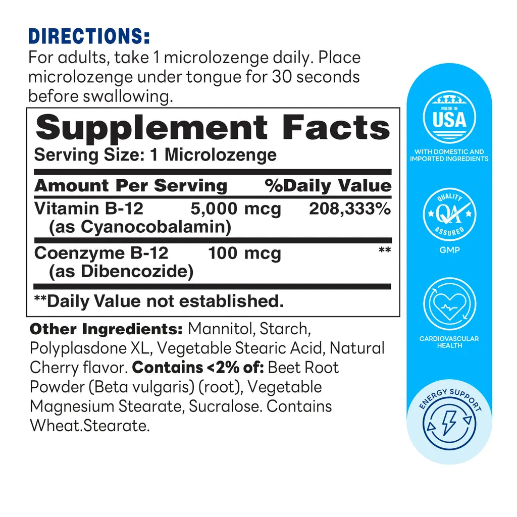B-12 Sublingual Microlozenges 5000mcg  Tablet | 120ct - Supplement Facts