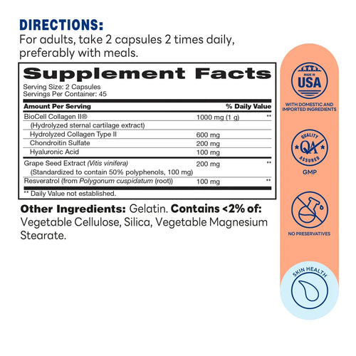 BioCell Collagen® Peptides with Resveratrol - 90 Capsules - Supplement Facts