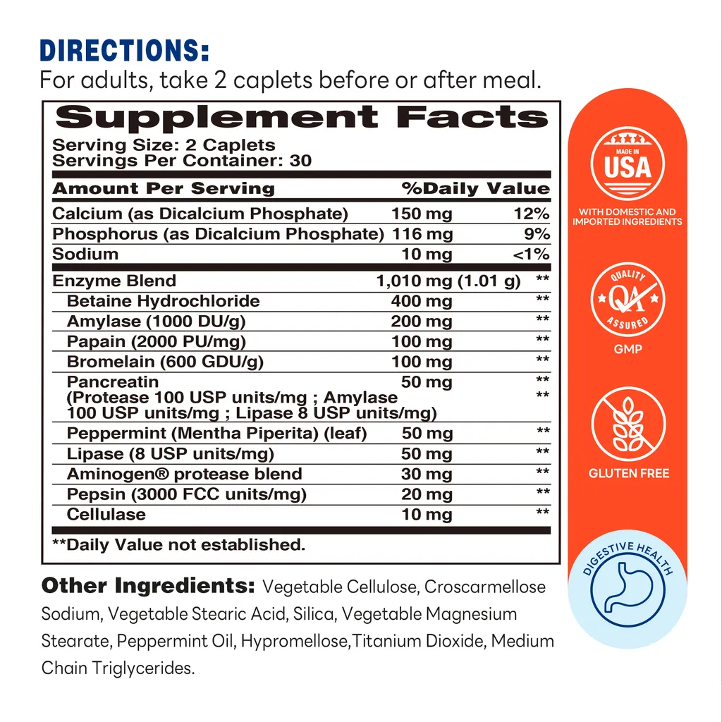 Maximum Strength Digest-13 Multi-Enzyme - 60 Caplets - For Digestive Health - Supplement Facts