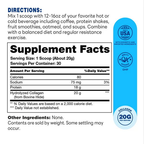 Grass-Fed Collagen Peptides 600g Powder Unflavored - Supplement Facts
