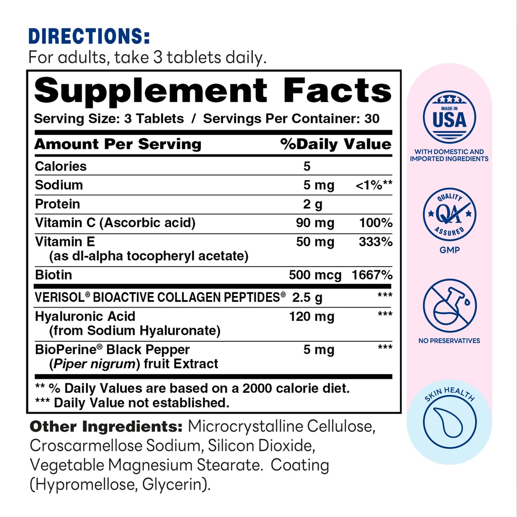 Hair, Skin & Nails with Verisol Collagen Peptides & Hyaluronic Acid 90ct Tablets – Supplement Facts