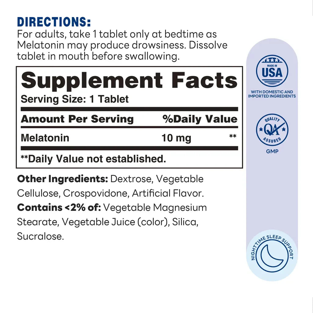 Melatonin Quick Dissolve - Nighttime Sleep Support - 90 Tablets - Supplement Facts