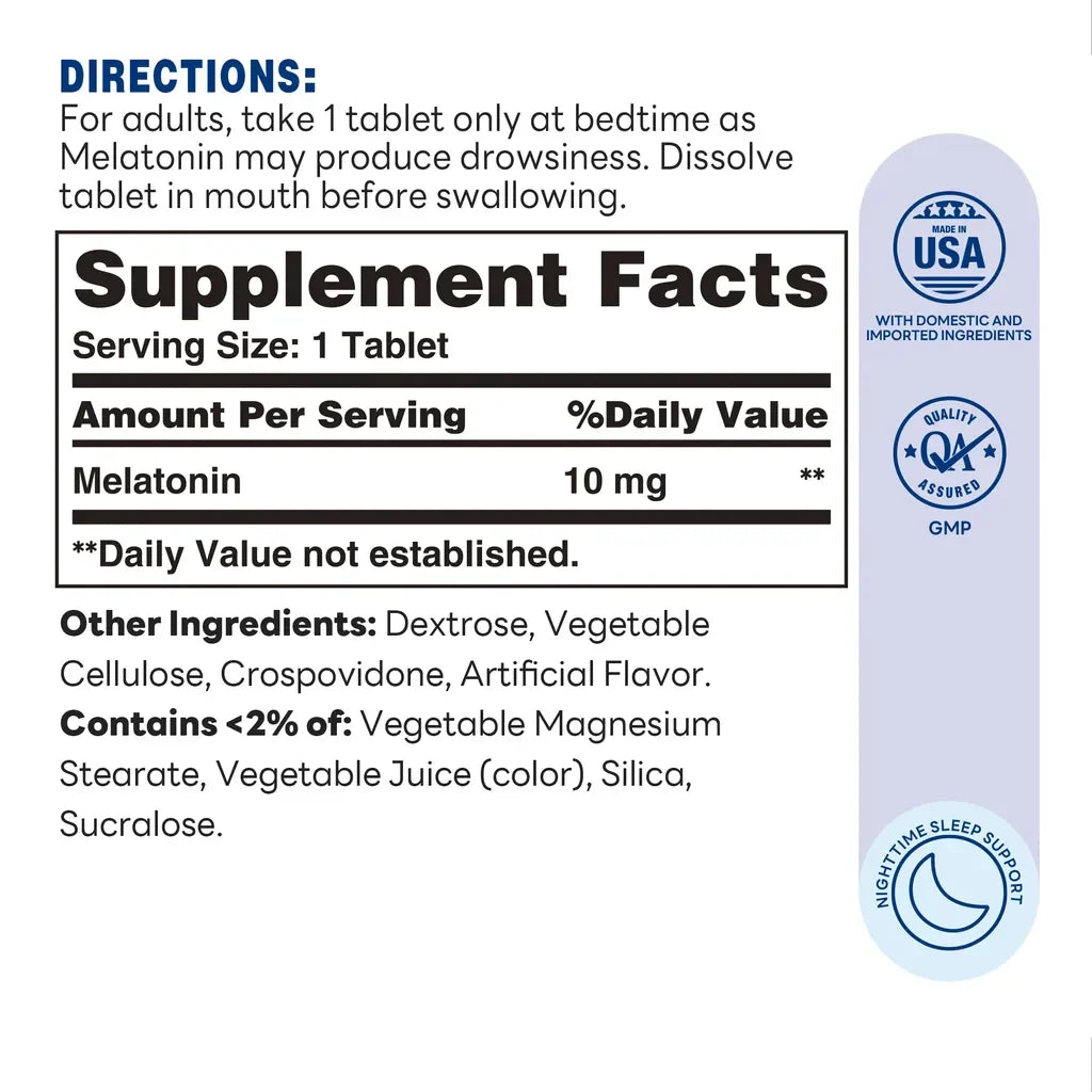 Melatonin Quick Dissolve - Nighttime Sleep Support - 90 Tablets - Supplement Facts