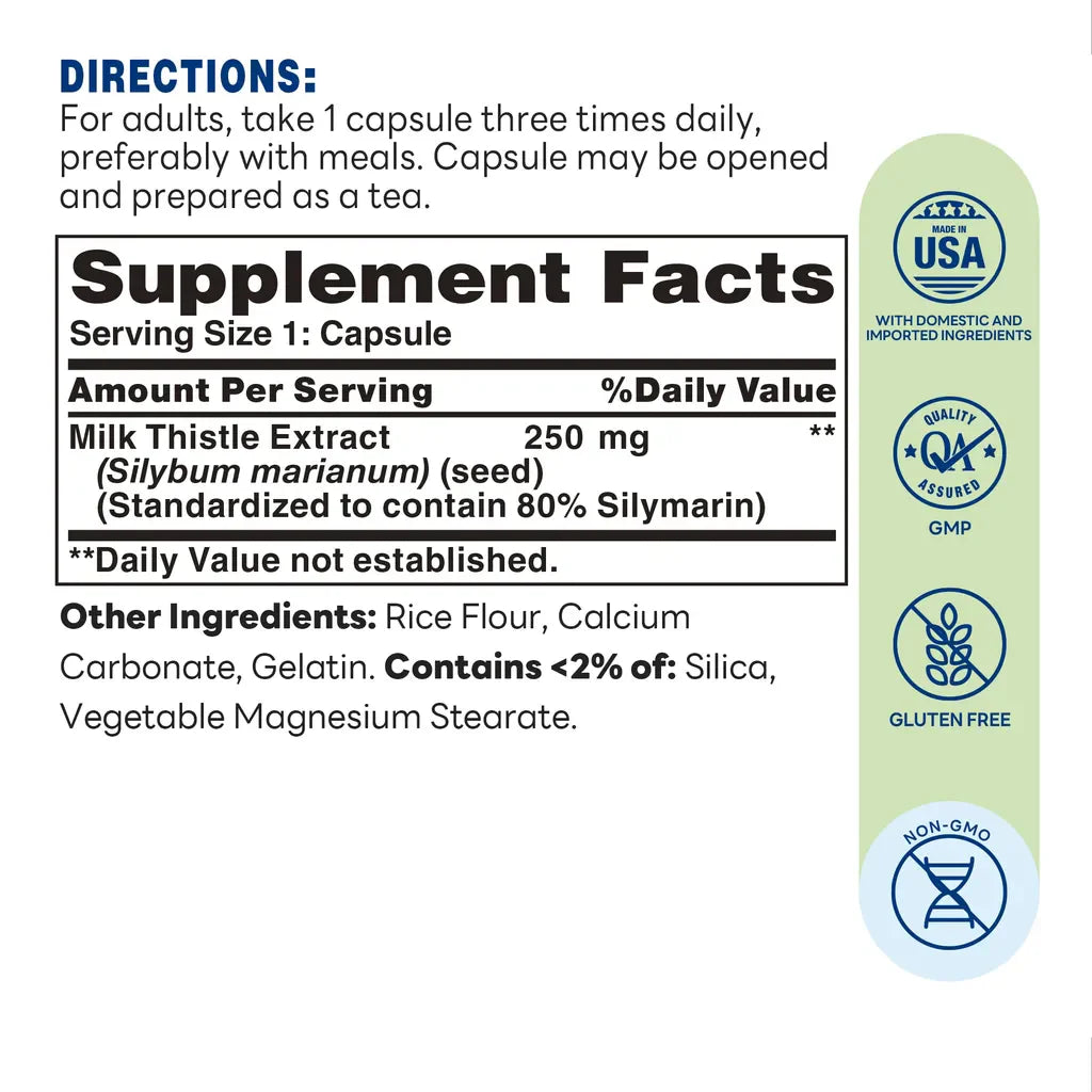 Milk Thistle for Liver Support - 100 Capsules - Supplement Facts
